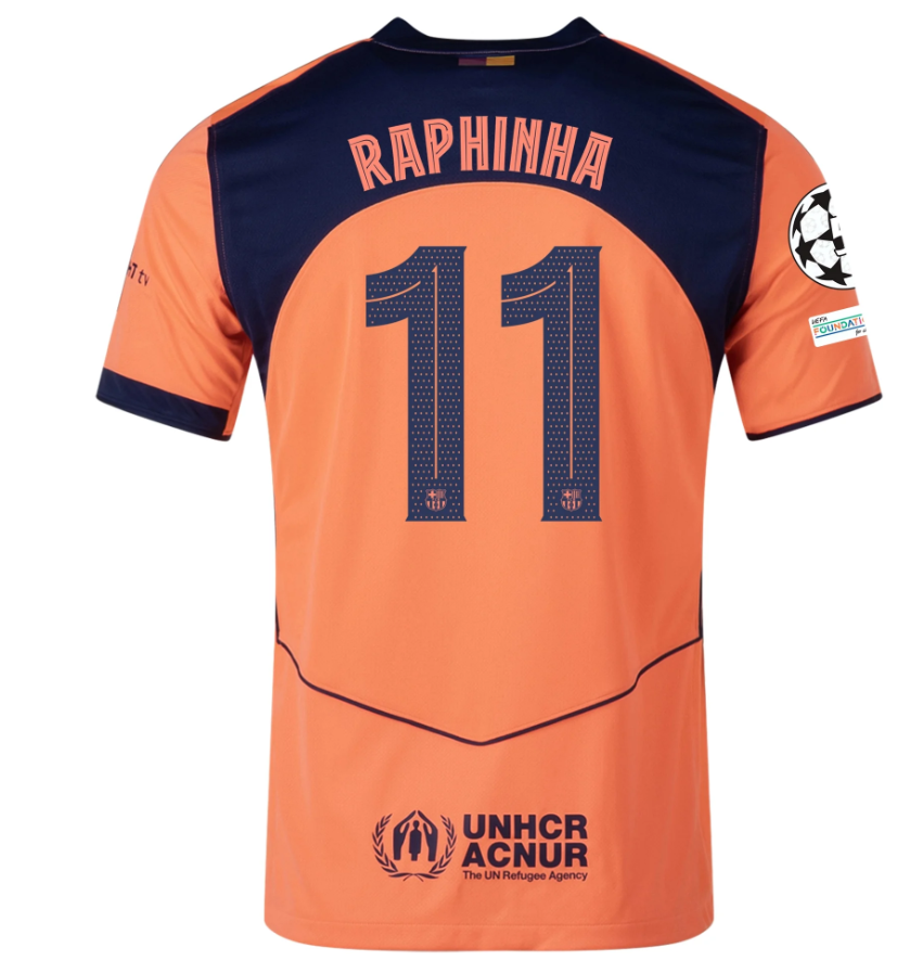 Nike Barcelona 2025 - 26 Raphinha Third Jersey + UCL Patch - Orange/Dark Obsidian
