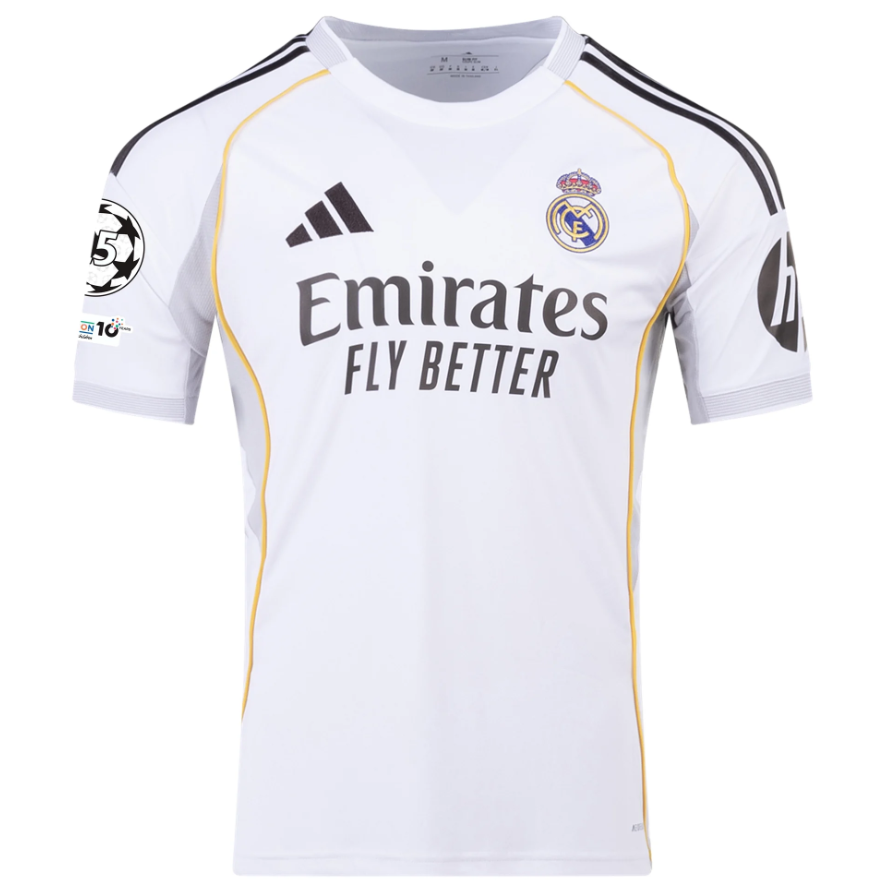 adidas Youth Real Madrid 2025 - 26 Mbappe # 10 Home Jersey + UCL Patch - White