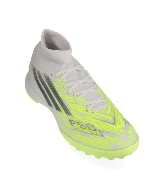 adidas adidas Womens F50 League Mid TF Turf Shoes - Cloud White/Iron Metallic/Hi-Vis Yellow