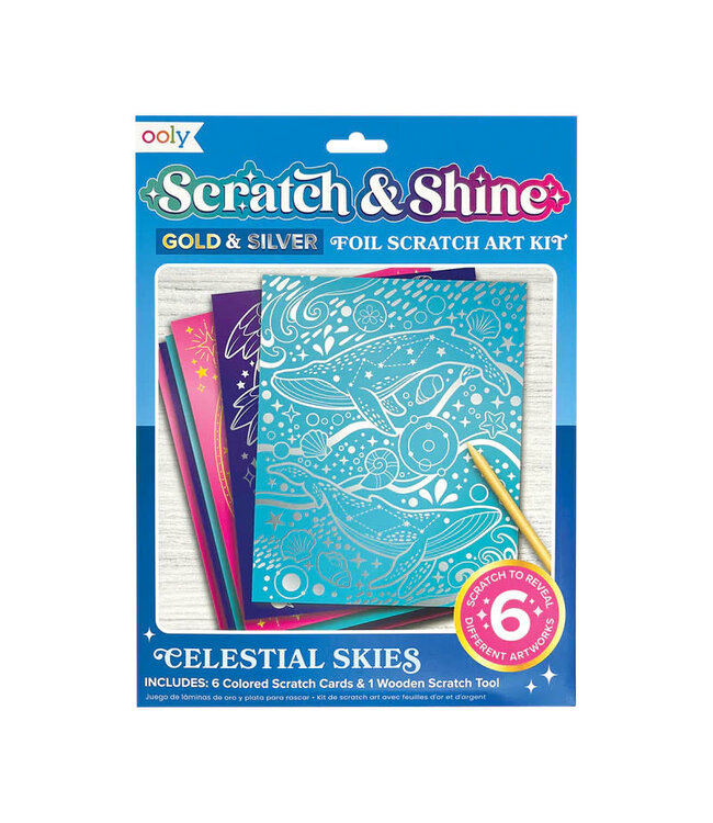 Ooly Scratch And Shine Foil Scratch Art Kit Celestial Skies 7 Pc Set