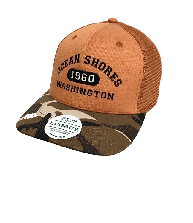 Legacy Mid Pro Snapback Saffron Camo Trucker Ocean Shores Radial Arch