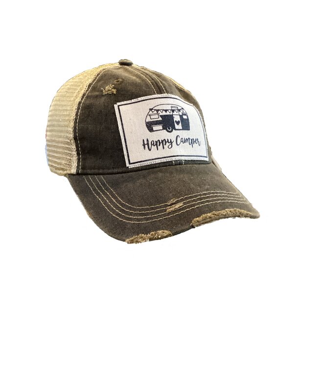Vintage Life Hats Black Distressed Mesh Back Cap Happy Camper