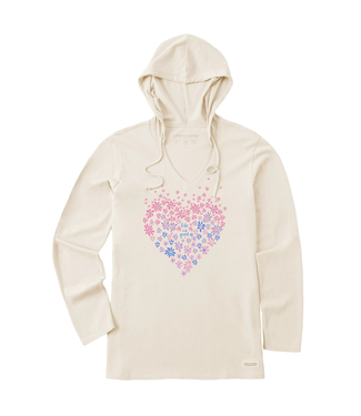 Life Is Good Womens NEW Long Sleeve Hooded Crusher Heart Daisy Putty White
