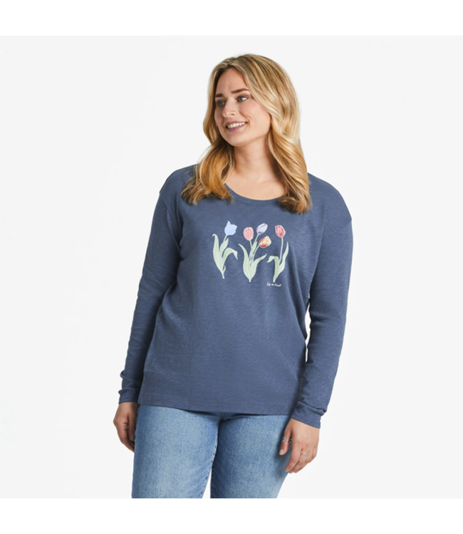 Life Is Good Womens Long Sleeve Relaxed Fit 3 Genuine Tulips Dusty Blue