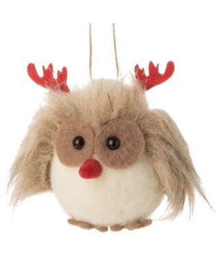 Silver Tree Felt owl with red antlers ornament 3.5 in
