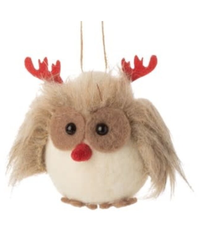 Silver Tree Felt owl with red antlers ornament 3.5 in