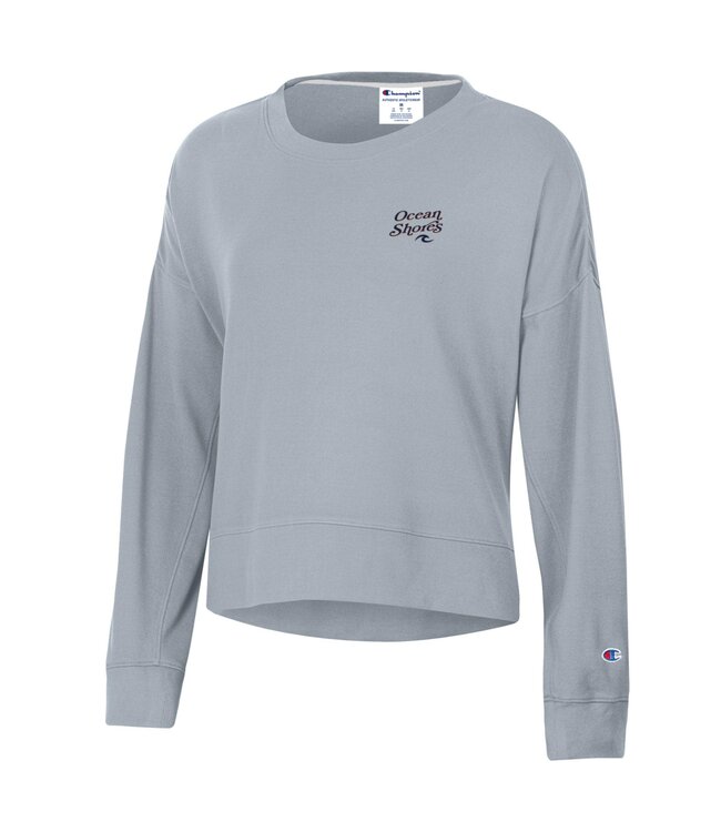 Champion Womens Sueded Crew Script Ocean Shores Over Wave Logo