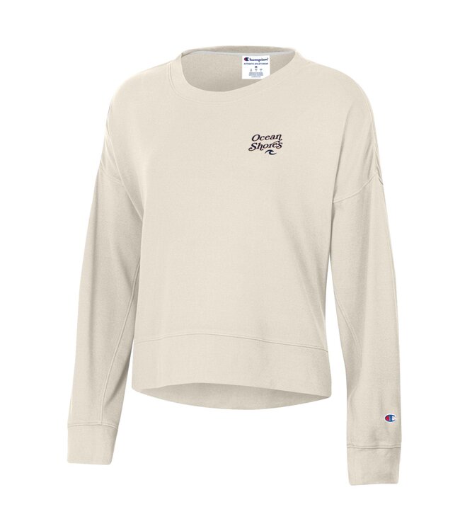 Champion Womens Sueded Crew Script Ocean Shores Over Wave Logo