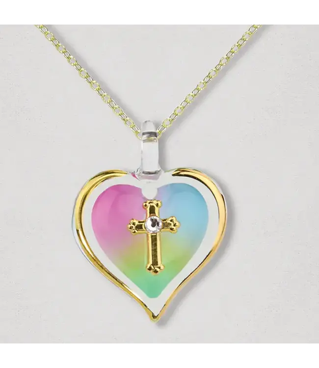 Glass Baron Rainbow Heart With Cross Necklace