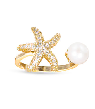 Amanda Blu CZ Starfish and Pearl Open Ring - Size 7 - Gold