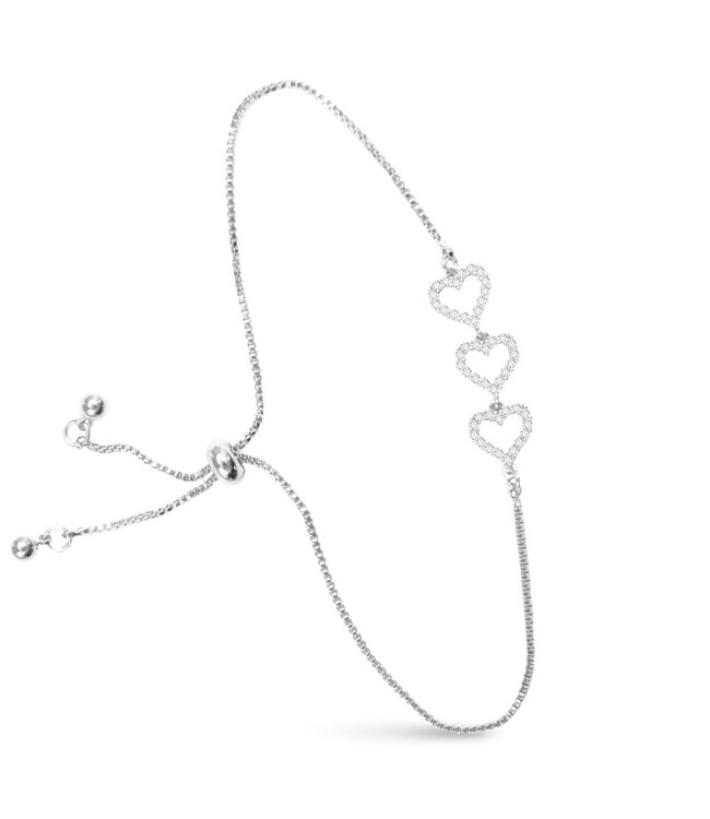 Amanda Blu Triple Heart CZ Pull Cord Bracelet  -  Silver