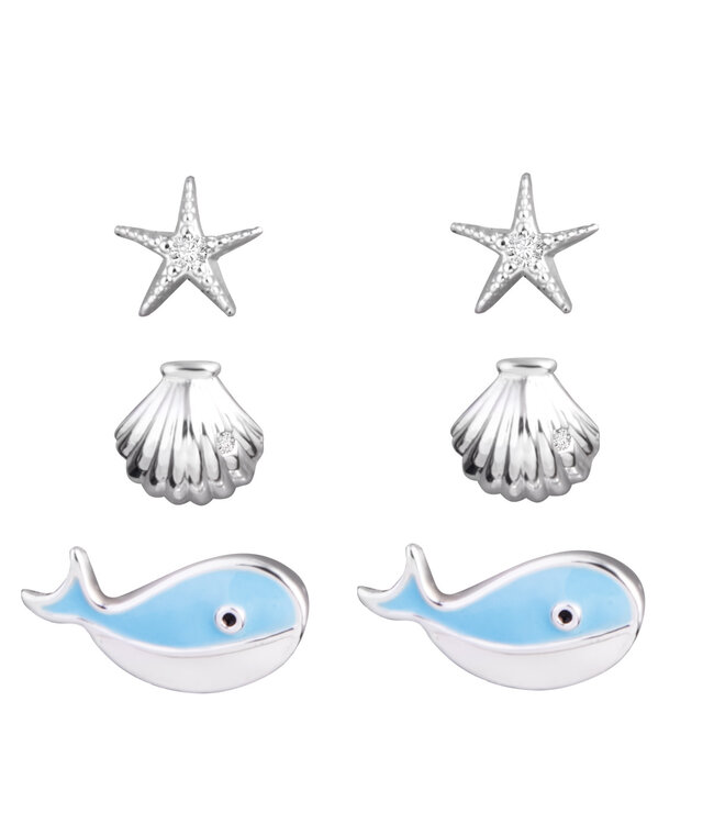 Amanda Blu Whale, Starfish, and Shell Trio Post Earring Set -  Silver