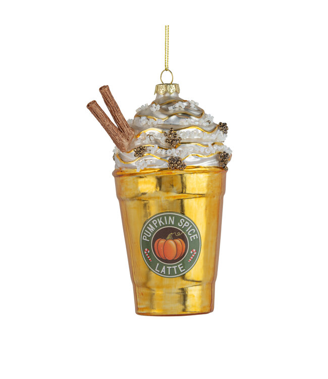 Silver Tree Glass ornament pumpkin spice latte with cinnamon sticks in a gold cup 6 in