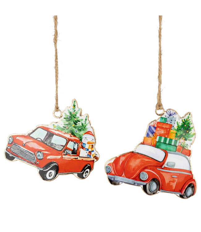 Silver Tree metal car ornament red with gifts 4 in