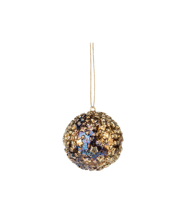 Silver Tree Metal star embossed ball ornament deep blue and gold 3 in