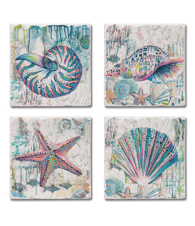 Highland Home Jewels of the Sea Tumbled Tile Assorted Coaster 4 PK