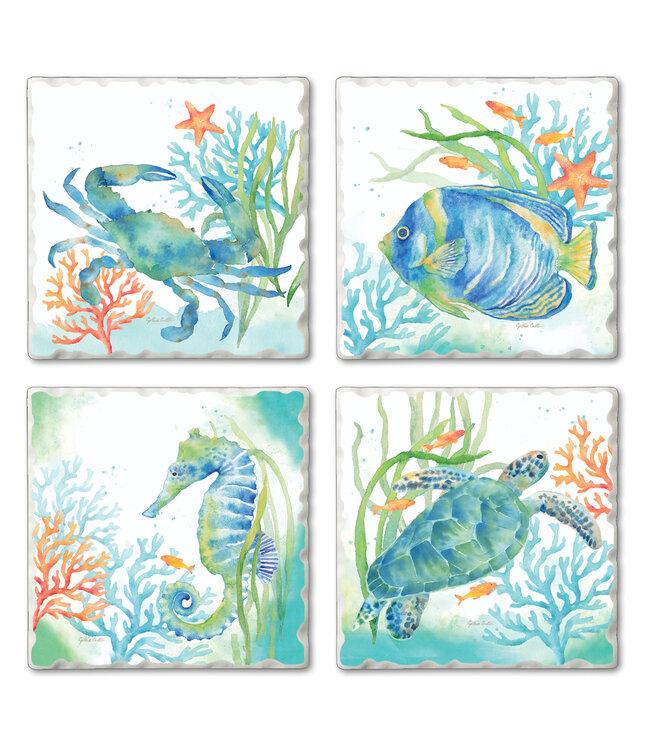 Highland Home Tumbled Tile Coaster Set Asstd Sealife Seranade