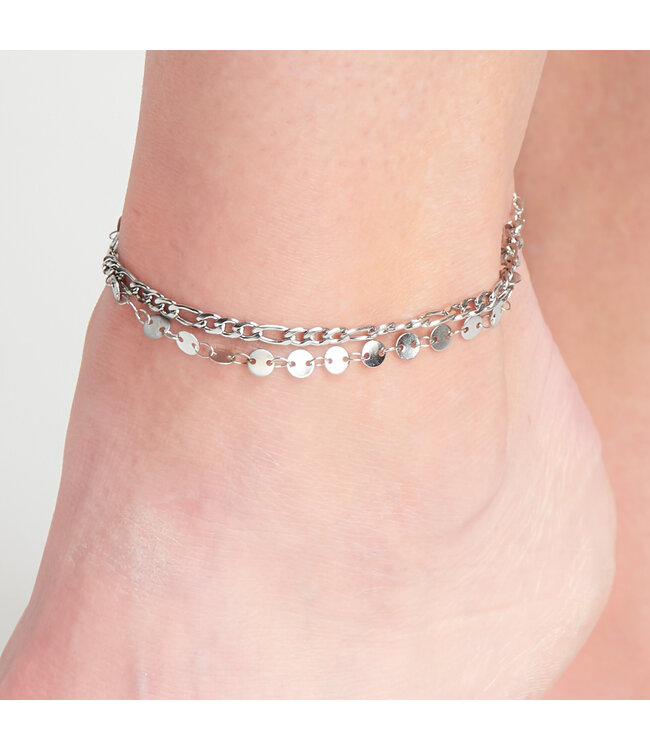 Howards 2 Rows Disc and Figaro Chain Anklet Silver