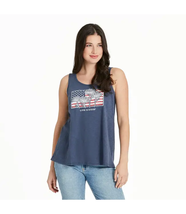 Life Is Good Womens Textured Slub Tank Flower Flag Dusty Blue