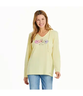Life Is Good Womens NEW Long Sleeve Hooded Crus 3 Hibiscuses Sandy Yellow
