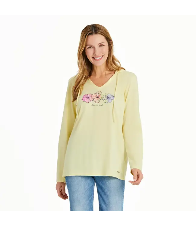 Life Is Good Womens NEW Long Sleeve Hooded Crus 3 Hibiscuses Sandy Yellow