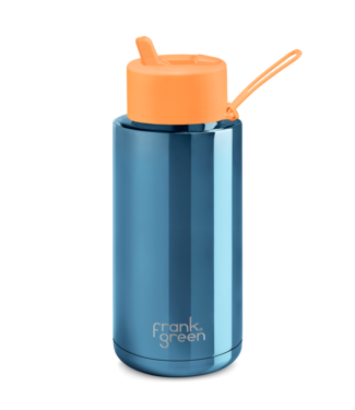 Frank Green 34oz SS Ceramic Reusable Bottle Limited Edition Blue with Flip Straw Lid Neon Orange