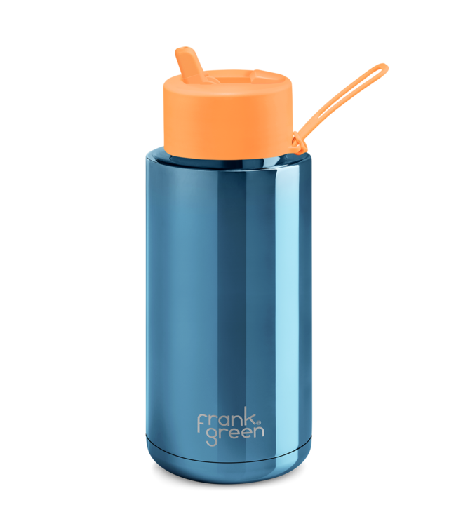 Frank Green 34oz SS Ceramic Reusable Bottle Limited Edition Blue with Flip Straw Lid Neon Orange