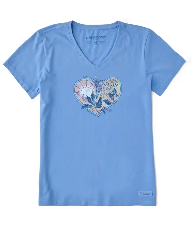 Life Is Good Womens Crusher Vee Hummingbird Heart Cornflower Blue