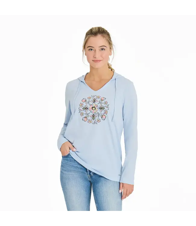 Life Is Good Womens New Long Sleeve Hooded Floral Bee Manda Glacier Blue