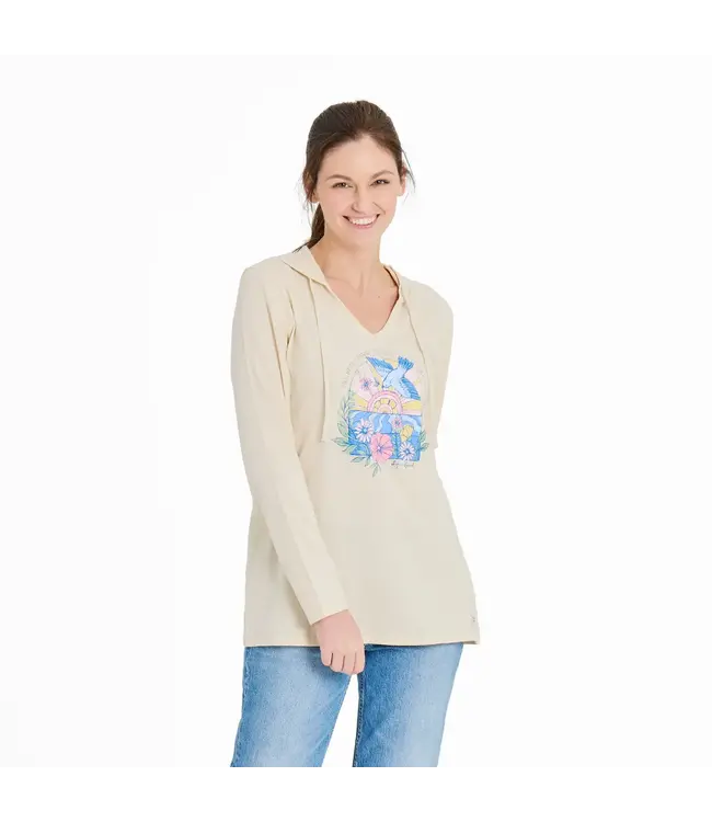 Life Is Good Womens New Long Sleeve Hooded Floral Bird Sunrise Putty White