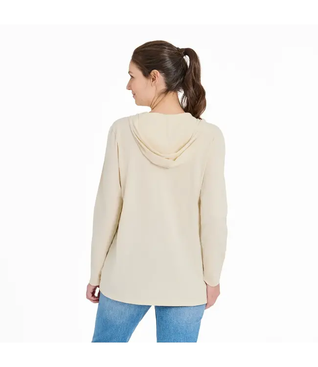 Life Is Good Womens New Long Sleeve Hooded Floral Bird Sunrise Putty White