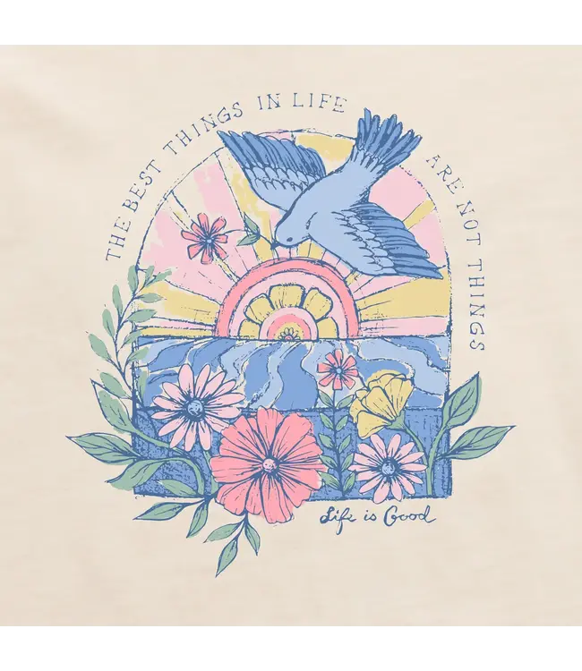 Life Is Good Womens New Long Sleeve Hooded Floral Bird Sunrise Putty White