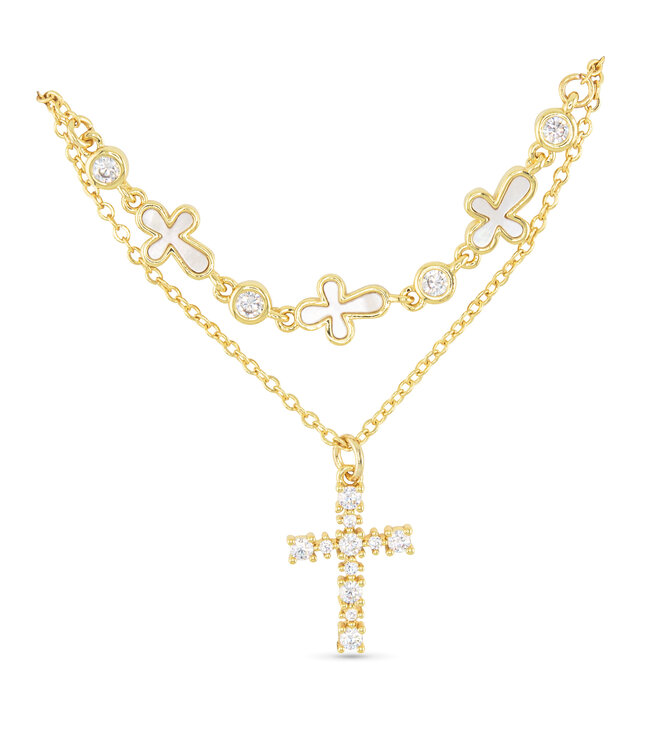 Amanda Blu Gold CZ  & MOP Dual Crosses Necklace