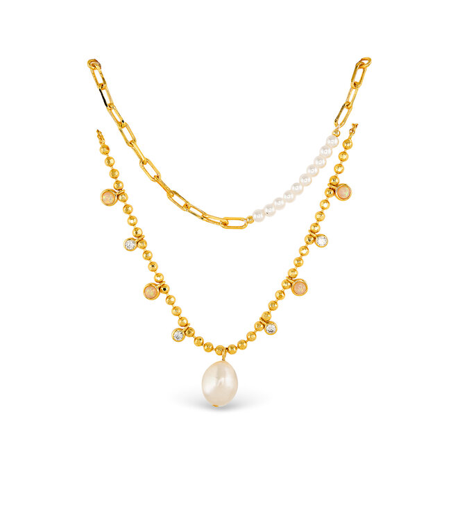 Amanda Blu Gold CZ & Pearl Dual Layer Chain Necklace