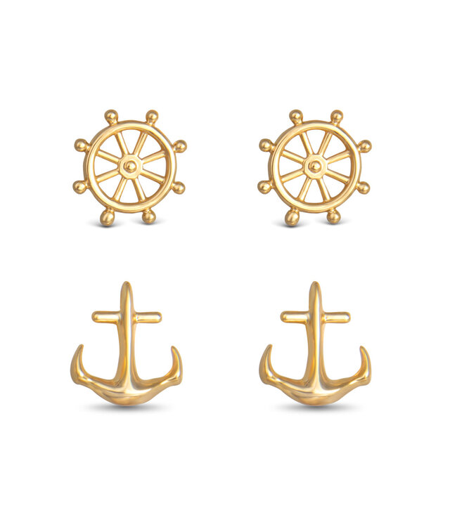 Amanda Blu Ship Wheel and Anchor Duo Earring Set -  Gold