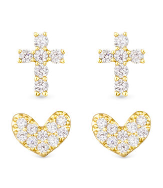 Amanda Blu Pave Cross and Heart Duo Earring Set -  Gold