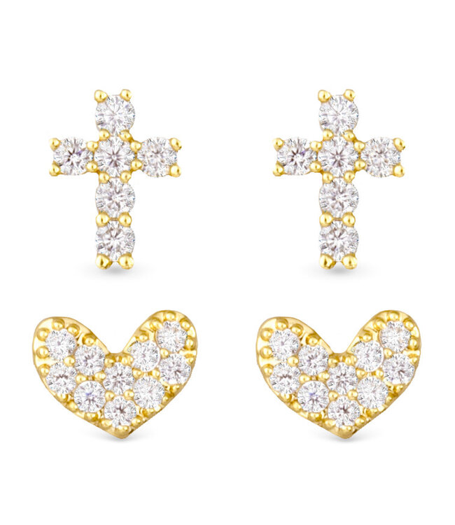 Amanda Blu Pave Cross and Heart Duo Earring Set -  Gold
