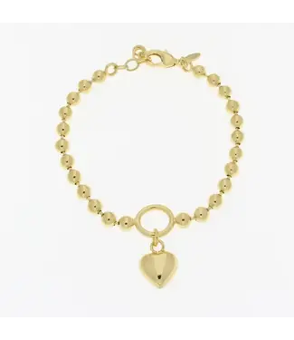 Bronzoro 18K Gold Plated Puffed Heart Charm Bracelet on 4mm Bead Chain 7.25" + 1"