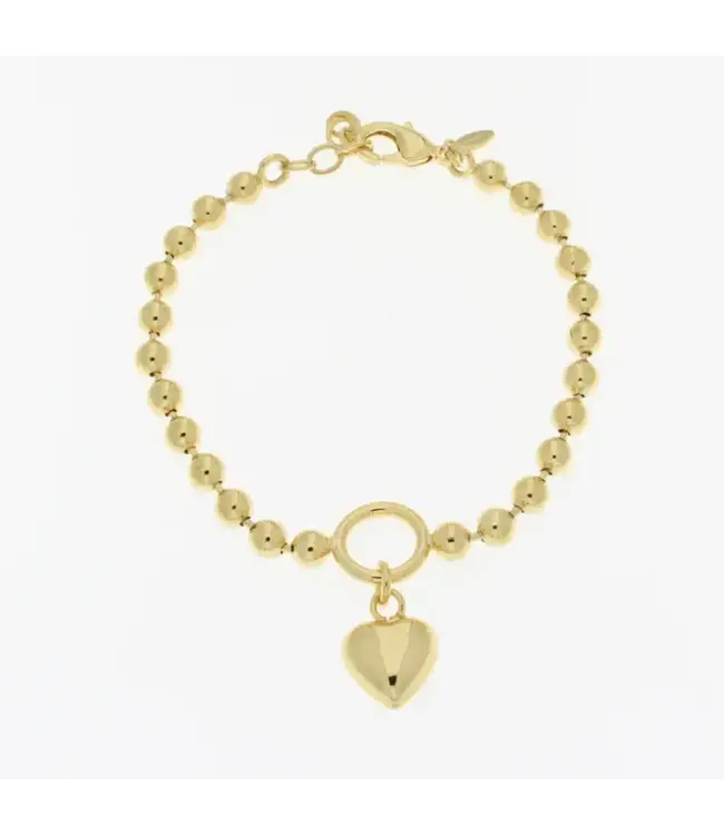 Bronzoro 18K Gold Plated Puffed Heart Charm Bracelet on 4mm Bead Chain 7.25" + 1"