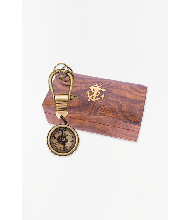 Batela USA Inc Compass With Ship Keyring Inlaid Wooden Box Antiqued Brass