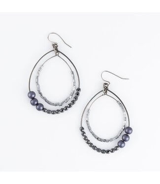 Howards Beaded Two Hoop With Pearl Fish Hook Earring Hematite