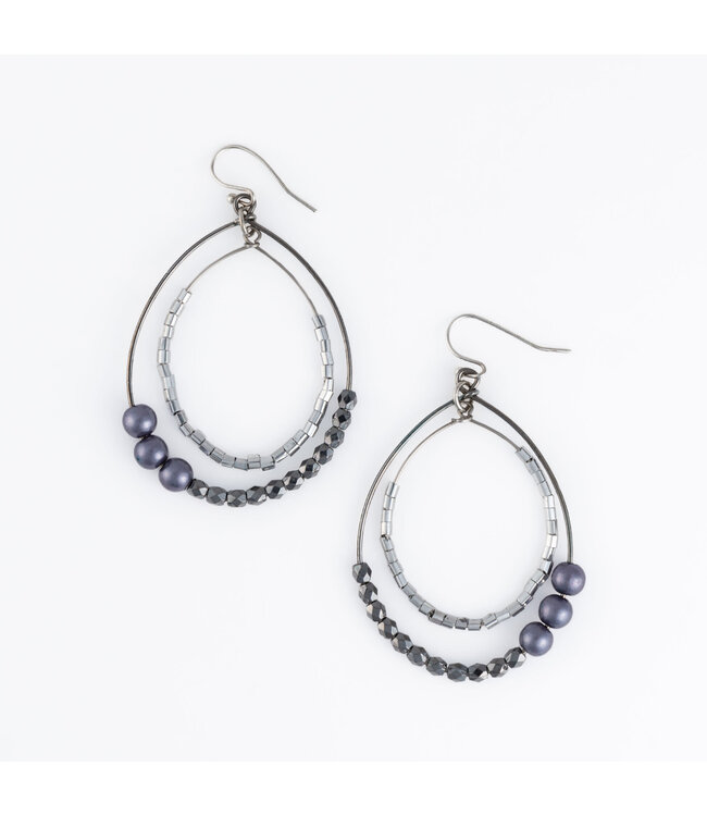 Howards Beaded Two Hoop With Pearl Fish Hook Earring Hematite