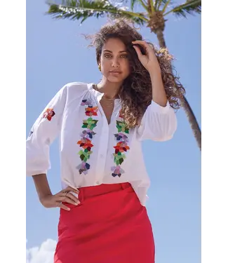Tribal 3-4 Sleeve Button front Blouse With Embroidery White