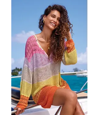 Tribal Long Sleeve Ve Neck Sweater Dress Cover Up Freesia