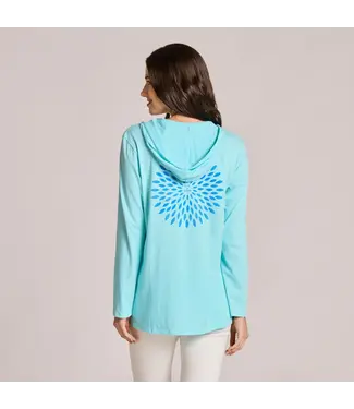 Life Is Good Womens New Long Sleeve Hooded Cr Burst Symmetry Aqua Blue