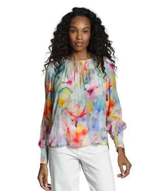 APNY INC Pullover With Smocked Cuff Yellow Pink Multi