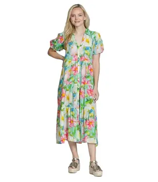 APNY INC Tiered Puff Sleeve Shirt Dress Pink Multi