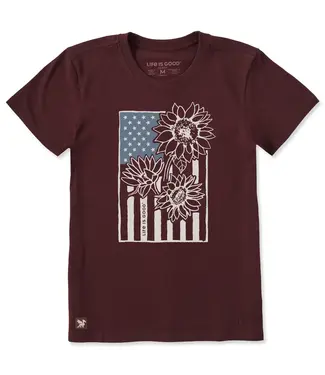 Life Is Good Womens Crusher Tee Sunflower Old Glory Deep Burgundy