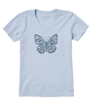 Life Is Good Womens Crusher Vee Floral Woodcut But Glacier Blue