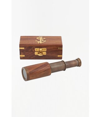 Batela USA Inc Telescope w Leather Detail And Inlaid Wooden Box Antiqued Brass L 6.7